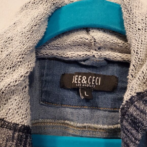 Bee & Ceci Los Angeles Hooded Denim Jacket | Knit Sleeves & Hood | L - Picture 5 of 6